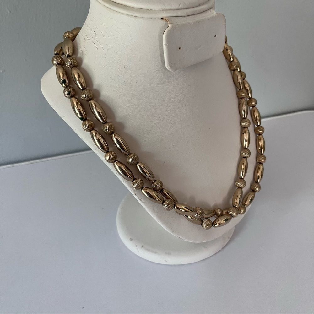 Vintage Dual 2 Strand Chain Beaded Clasp Necklace Gold